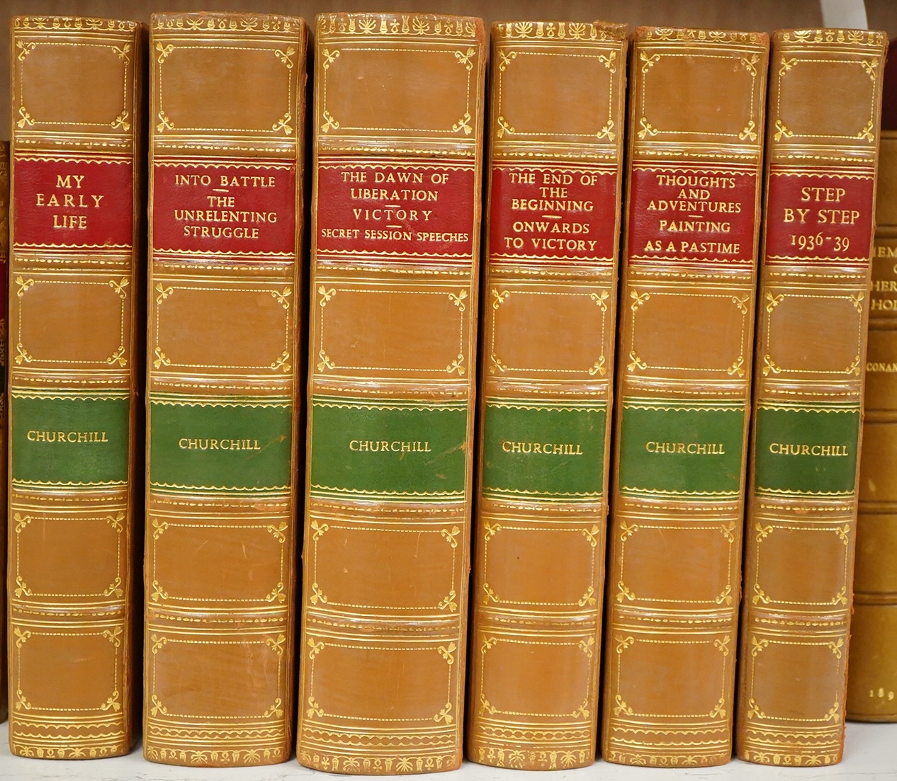 Churchill, Sir Winston Leonard - 6 vols., uniformly bound half calf and cloth, gilt decorated panelled spines with red and green labels, gilt tops and marbled e/ps. (by Sotheran's); comprising: My Early Life: a roving co